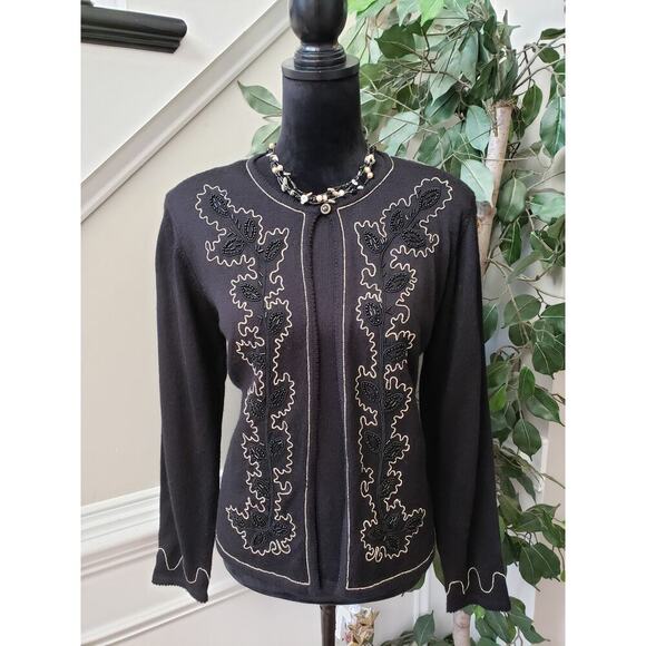 Alfred Dunner Cardigan Sweater Womens Petite M Black Layered Embroidered Beaded - Picture 1 of 13